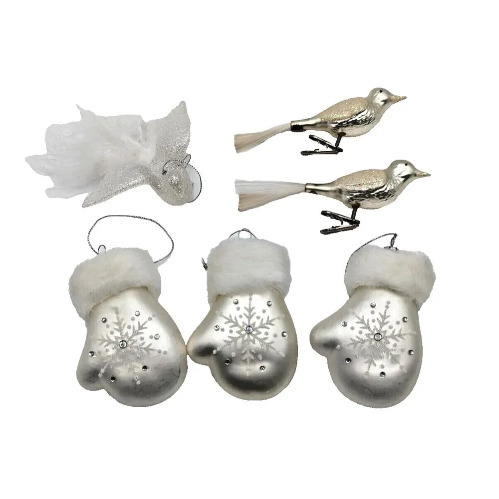 Lot of 6 Various White Blown Glass Ornament‎